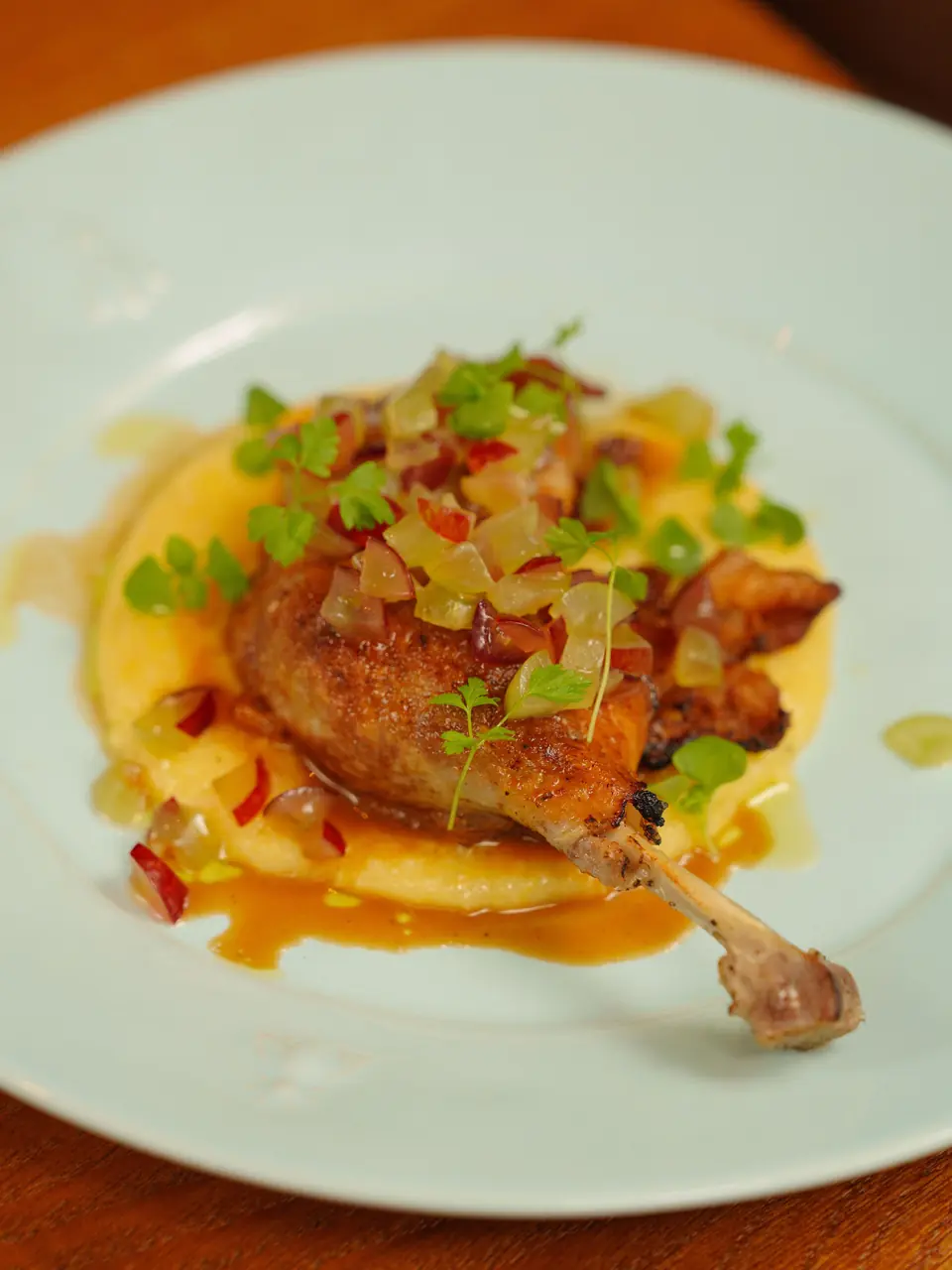 Crisp confit duck leg served with savory sauce reductions